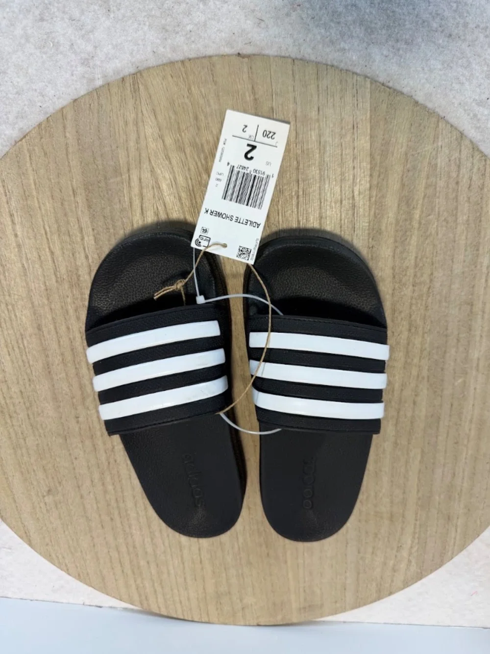 Adidas Adilette Shower K Slides Kids Size 2 Black White NWT Sandals